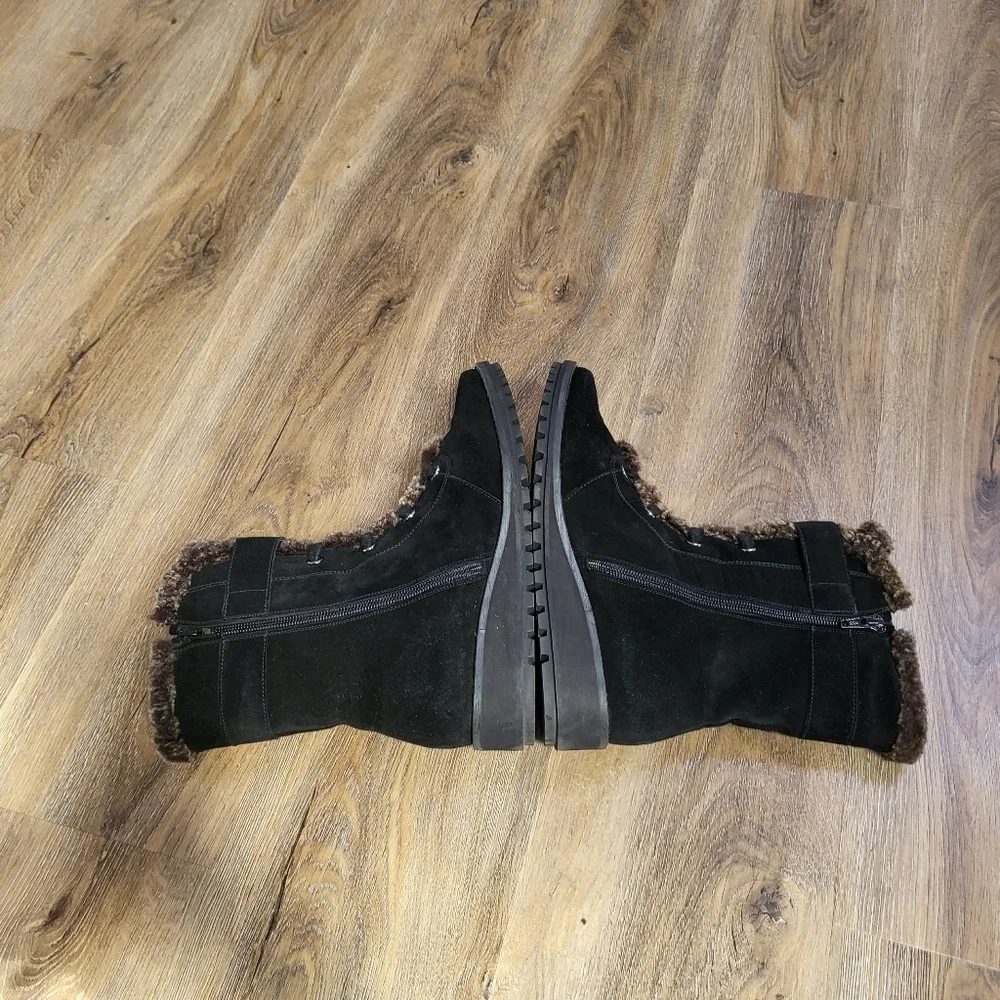 Stuart Weitzman Womens Suede Leather Boots Fur Buckle Black Size 7.5